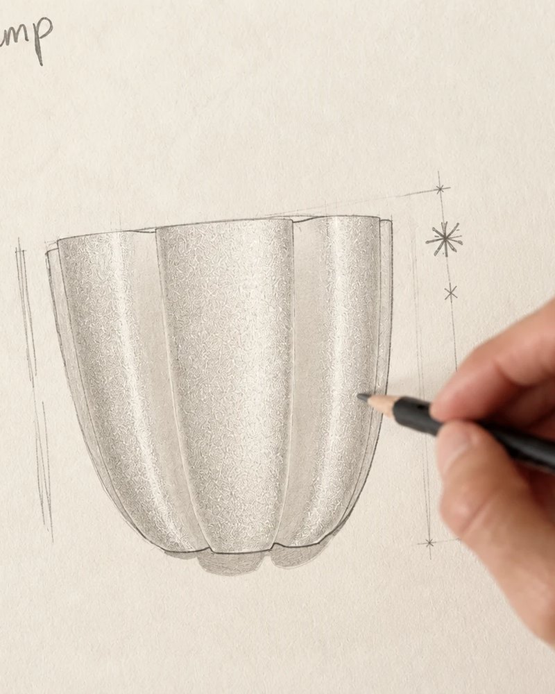 Aleksandra sketching the Mira lamp in pencil, its fluted shape and glittering surface drawn on textured paper